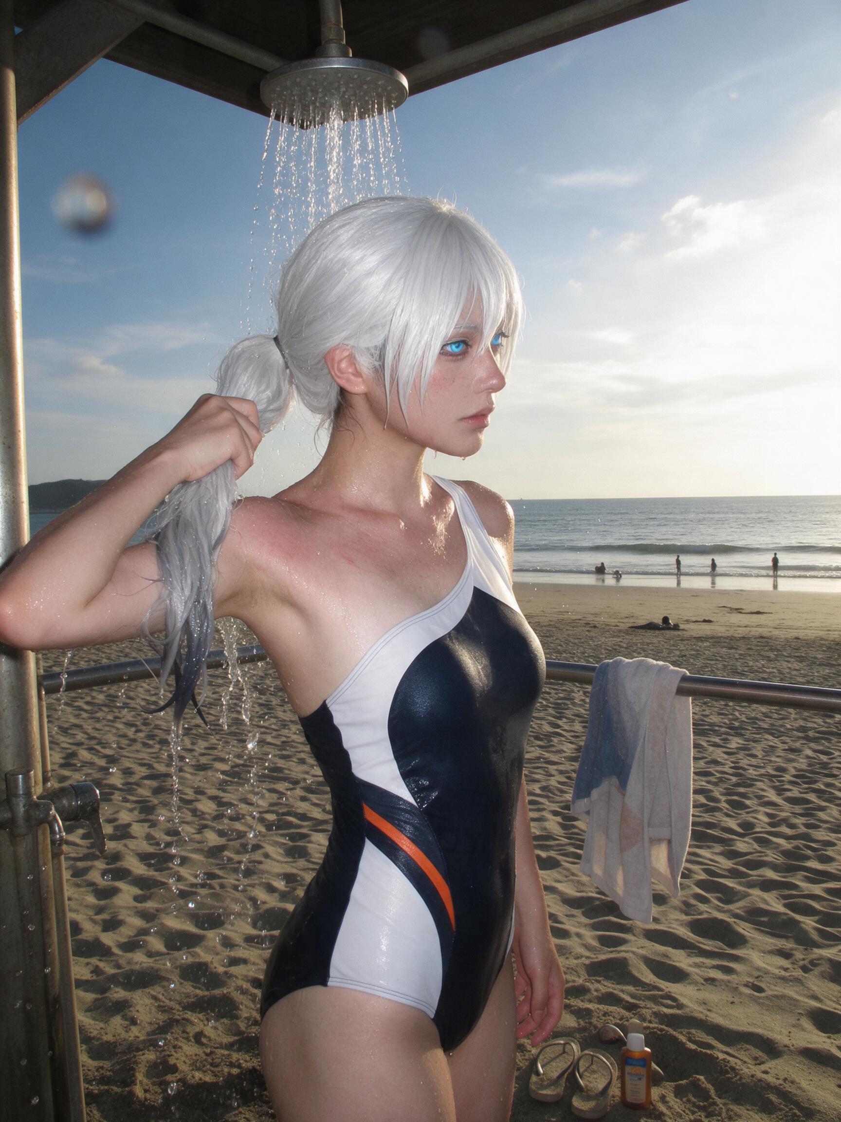 A single candid summer travel photograph with a private-album feel. ONE photo, one frame, one scene, one moment — no collage, no grid. A real-life adult cosplayer in her mid-twenties on a summer trip, standing under an outdoor beach-house shower, rinsing sand off her feet, water running over her shoulders. Her look is inspired by an original sci-fi pilot character, but this is a real beach, not the character's world: a silver-white synthetic wig in a low ponytail with visible real wig fibers, wet and darkened at the ends; ice-blue contact lenses over real human eyes; minimal makeup slightly smudged by water. The character's palette — deep navy, white, one thin signal-orange stripe — translated into a structured sporty one-piece swimsuit with an asymmetric single strap, real wet fabric with real sheen; character-inspired swimwear, not a costume. Personality carried into behavior: cool and restrained, quiet gaze toward the sea, not at the camera, one hand wringing out the ponytail. Real human skin: pores, fine hair, water droplets, slight uneven tan, faint sunburn on the shoulders — absolutely no CGI skin, no doll skin, no anime face. Lived-in details: a wet towel over the rail, sandy flip-flops, a bottle of sunscreen. Shot by a travel companion on an early-2000s CCD digital camera: slight color noise, cool-shifted whites, limited dynamic range, direct flash fill against late-afternoon backlight, a water droplet on the lens at one corner, slightly tilted horizon, off-center framing. Only photographic imperfections, never generative ones: correct anatomy, five fingers.