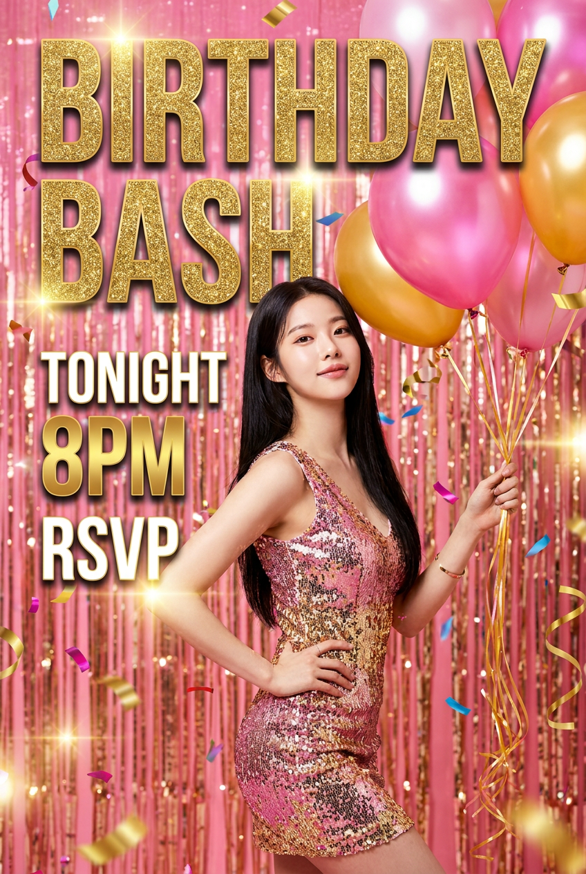 Birthday Party Flyer · Upload Photo → You Headline (Editable Text)