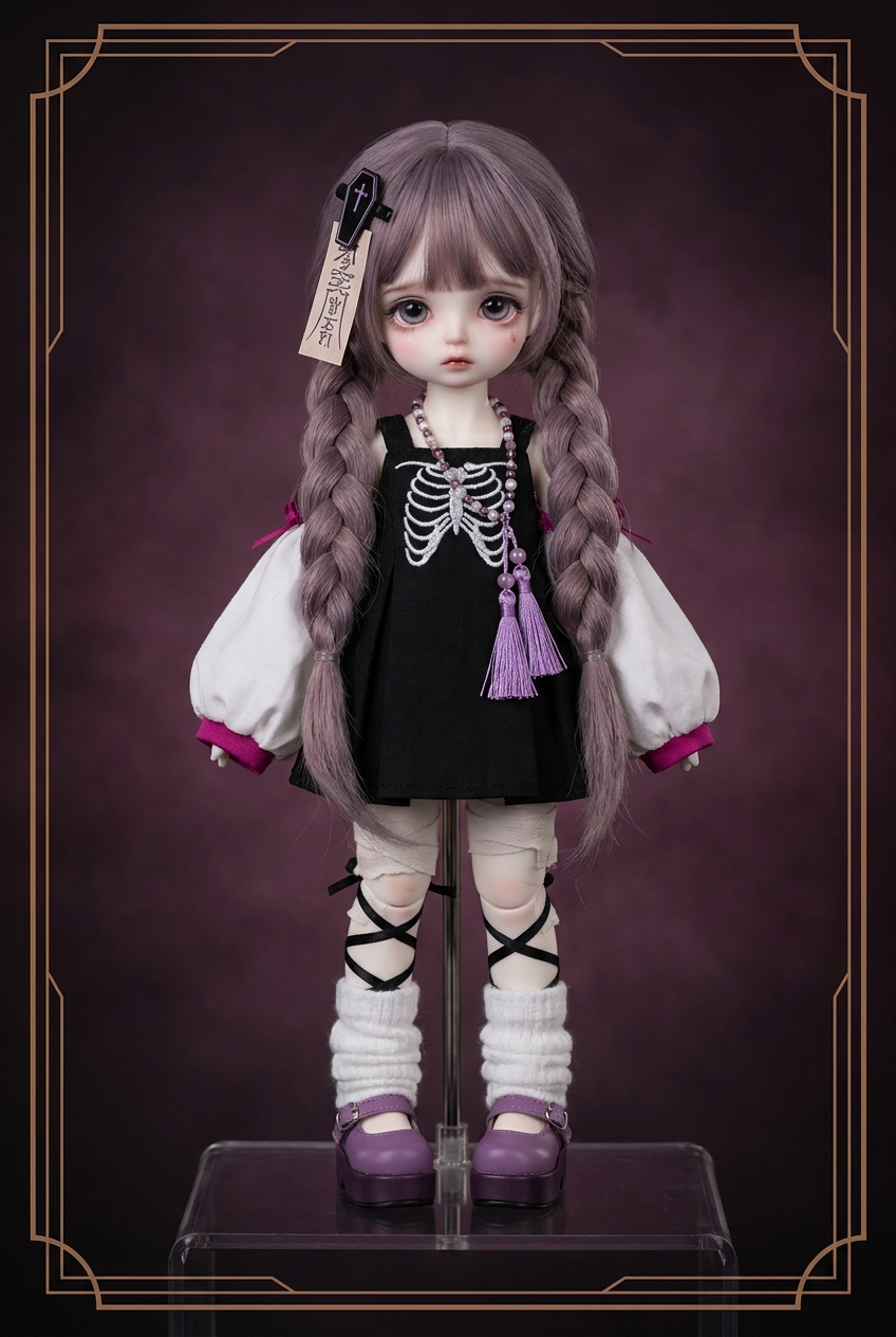 Emberfox BJD Doll — Pastel-Goth Skeleton Pinafore Collectible