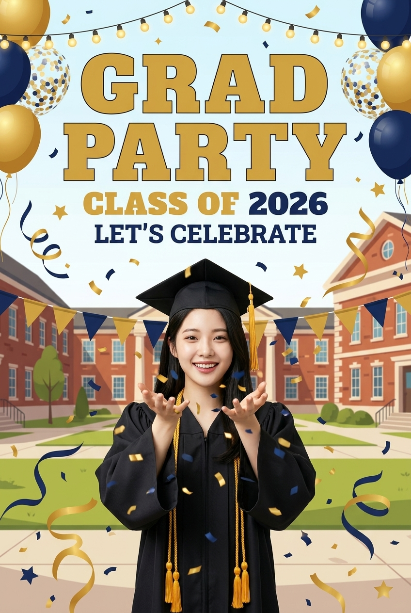 Graduation Party Flyer · Upload Photo → You Headline (Editable Text)