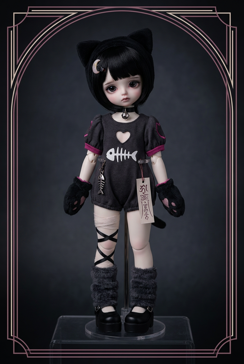Nightcat BJD Doll — Gothic Black-Cat Pastel-Goth Collectible