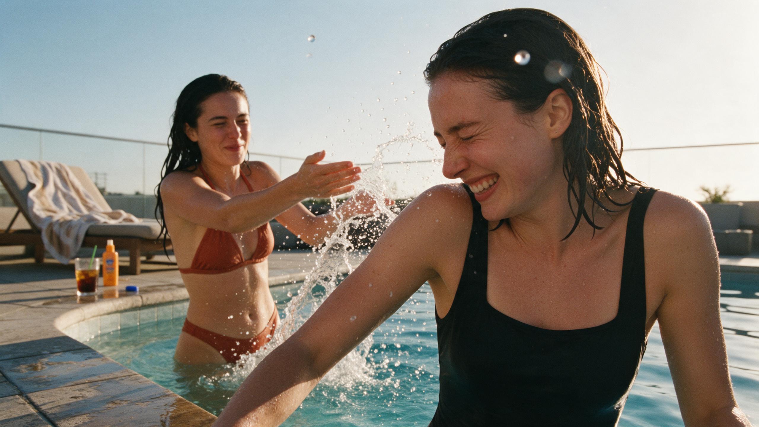 A single candid summer travel photograph with a private-album feel. ONE photo, one frame, one scene, one moment — no collage, no grid, no split panels. Two adult women in their mid-twenties, close friends, at a rooftop pool at golden hour. One core event: the woman in the mid-ground is mid-splash, flinging pool water toward her friend; the friend in the near foreground flinches and laughs with her eyes squeezed shut. Neither looks at the camera. Asymmetric composition: the foreground friend is slightly off-center with her arm gently cropped by the frame edge, the other is a step further back. Ordinary vacation swimwear with different silhouettes: one in a rust-orange halter bikini, the other in a black square-neck one-piece. Wet hair clinging to shoulders, water droplets on sun-warmed skin, spray frozen mid-air, two small water drops on the lens. Realistic skin: visible pores, fine hair, slightly uneven tan, natural flush — no plastic skin, no beauty filter. Lived-in details: a used towel on a lounger, two iced drinks, a sunscreen bottle, wet stone tiles. Photographed by a travel companion from waist height at the pool edge on a 35mm lens. 35mm color negative film look: organic grain, subtle halation, warm side backlight and rim light, slightly tilted horizon, one edge a touch overexposed. Only photographic imperfections, never generative ones: correct anatomy, five fingers, no merged limbs.