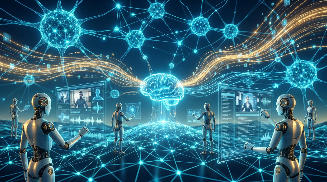 A futuristic AI technology landscape cover image for a tech news blog. Shows interconnected neural networks, robotic humanoids, glowing data streams, multimodal AI interfaces with video/audio/text. Cinematic wide composition, deep blue and cyan color palette with golden highlights, high-tech aesthetic. Digital art style, 16:9 aspect ratio, professional editorial quality. Text-free image suitable for blog header.